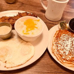 A&M Kitchen - Farmers Breakfast with Catfish and pancakes.