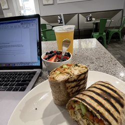 Kindbelly Cafe - Breaky burrito, berries and cream, yogurt, and green tea!
