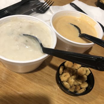 Clermont Fish House - Clam chowder and lobster bisque with seasoned croutons - Fish & Chips Near Me - Clermont, Florida Clermont Fish House - Clam chowder and lobster bisque with seasoned croutons - Fish & Chips Near Me - Clermont, Florida