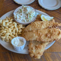 Fish and chips with macaroni-and-cheese on the side