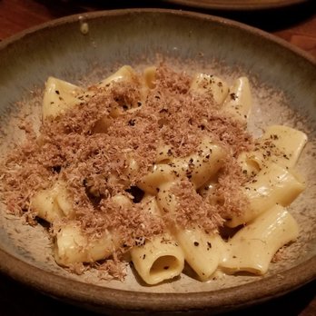 Sorrel - RIGATONI ALLA CARBONARA: alba white truffle, guanciale, black pepper, pecorino romano ($65) - New American Near Me - San Francisco, California Sorrel - RIGATONI ALLA CARBONARA: alba white truffle, guanciale, black pepper, pecorino romano ($65) - New American Near Me - San Francisco, California