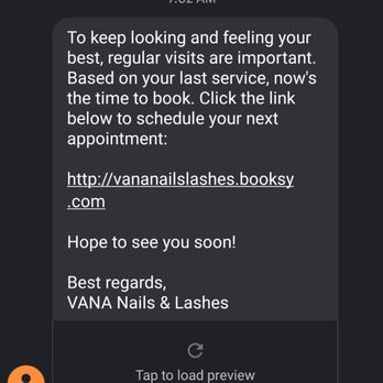 Vana Nails Spa - Text message I received. I have messaged back to remove me from their contact list and blocked multiple numbers that send the same message. - Nail Salons Near Me - Walnut, California Vana Nails Spa - Text message I received. I have messaged back to remove me from their contact list and blocked multiple numbers that send the same message. - Nail Salons Near Me - Walnut, California