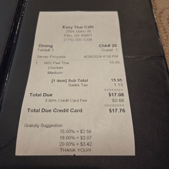 Easy Thai Cafe - Receipt for dinner - Thai Near Me - Elko, Nevada