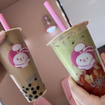 Ume Tea - Signature black tea w/ boba & strawberry matcha milk tea w/ lychee jelly (already stirred) - Bubble Tea Near Me - North Hollywood, California Ume Tea - Signature black tea w/ boba & strawberry matcha milk tea w/ lychee jelly (already stirred) - Bubble Tea Near Me - North Hollywood, California