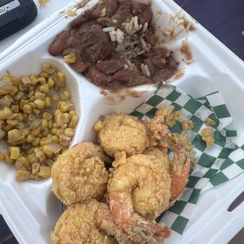 LJz Backyard Bayou - Shrimp Platter with Fried Corn and Red Beans & Rice - Cajun/Creole Near Me - Harvest, Alabama LJz Backyard Bayou - Shrimp Platter with Fried Corn and Red Beans & Rice - Cajun/Creole Near Me - Harvest, Alabama