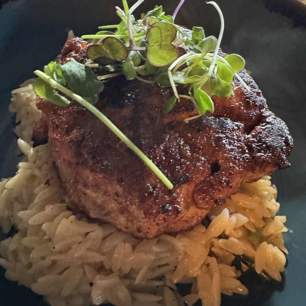 Bosscat Kitchen & Libations  - Pork chop on cacio and Pepe orzo - New American Near Me - Woodlands, Texas