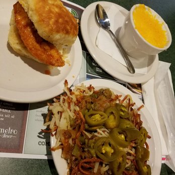 Metro Diner - Honey chicken biscuit, cheesiest grits and hashbrowns (jalapenos, onions n peppers) - Diners Near Me - Birmingham, Alabama Metro Diner - Honey chicken biscuit, cheesiest grits and hashbrowns (jalapenos, onions n peppers) - Diners Near Me - Birmingham, Alabama