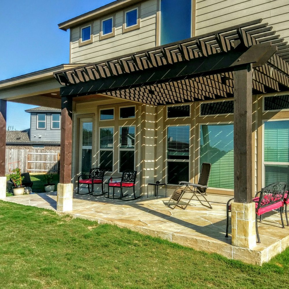 Texas Premier Coat Resurfacing - Back patio overlay and vertical overlay at the base of our wooden columns. - Masonry/Concrete Near Me - Austin, Texas
