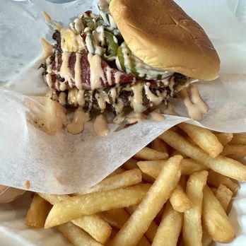 Smash City - Spicy Smash Burger with the works. And fries - Burgers Near Me - Jersey City, New Jersey Smash City - Spicy Smash Burger with the works. And fries - Burgers Near Me - Jersey City, New Jersey
