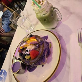 The Hangout - Ube pancakes with fruit and iced matcha latte - Breakfast & Brunch Near Me - Walnut Creek, California The Hangout - Ube pancakes with fruit and iced matcha latte - Breakfast & Brunch Near Me - Walnut Creek, California