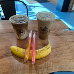Iced Caramel Macchiato, iced coffee, and a banana