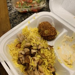 Dinner combo 3 (chicken shawarma and kufta kabob)  Includes rice, falafel, hummus, salad, pita and meat