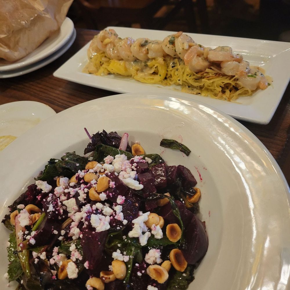 "Roasted" beet salad, spaghetti squash with shrimp