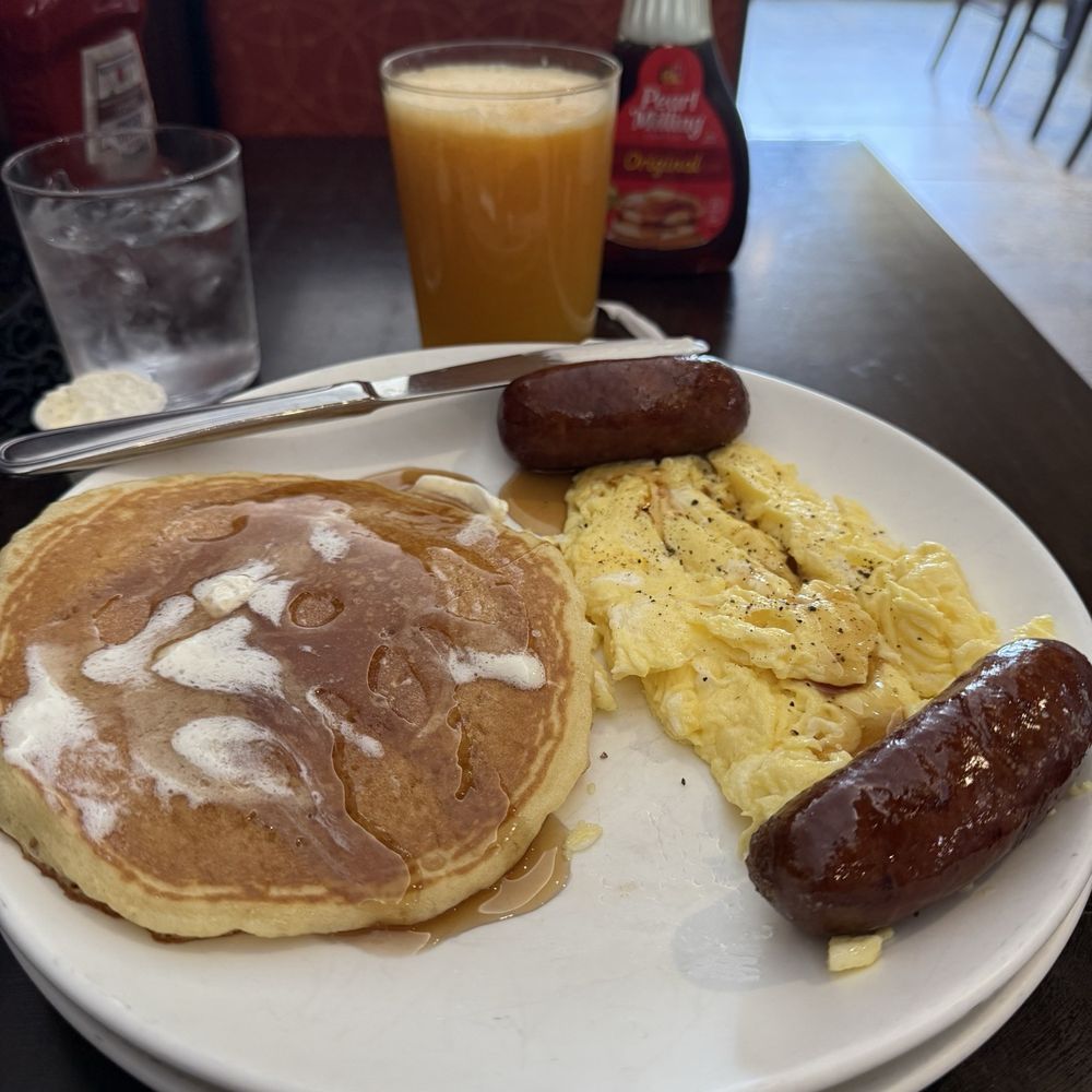 Runway Diner - Large sausages with three eggs and a pancake - Diners Near Me - South Hackensack, New Jersey