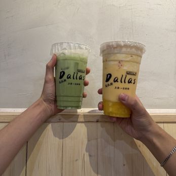 Nature Brew - Thai Green Milk Tea (left), Coconut Mango with Pomelo & Clear Boba (right) - Bubble Tea Near Me - Plano, Texas