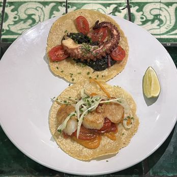 Holbox - Taco de Pulpo en su Tinta Braised and fried gulf of Mexico octopus, calamari ink sofrtio 7 and Scallop Taco - Pan seared Maine diver scallop - Latin American Near Me - Los Angeles, California Holbox - Taco de Pulpo en su Tinta Braised and fried gulf of Mexico octopus, calamari ink sofrtio 7 and Scallop Taco - Pan seared Maine diver scallop - Latin American Near Me - Los Angeles, California