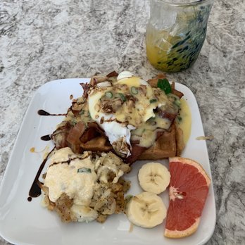 Faye's Cafe - This is a waffle Benedict with Peach Mango Kombucha! - Cafes Near Me - Livingston, Montana