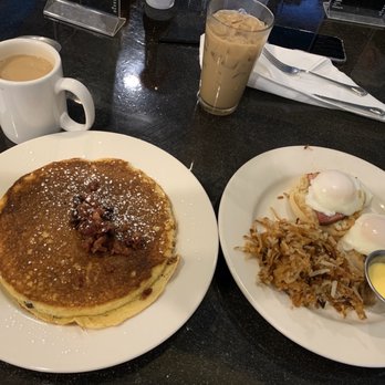 Wake N’ Bacon - Bacon Chocolate chip pancake and OG Benny with Iced coffee and hot coffee with vanilla shot. - Breakfast & Brunch Near Me - Winter Park, Colorado