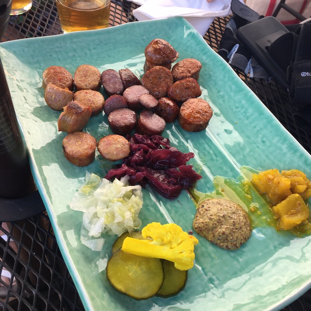 Heights Bier Garten - 3 links for sausage, Thai Curry, Red Wine Garlic and Chorizo - Cocktail Bars Near Me - Houston, Texas Heights Bier Garten - 3 links for sausage, Thai Curry, Red Wine Garlic and Chorizo - Cocktail Bars Near Me - Houston, Texas