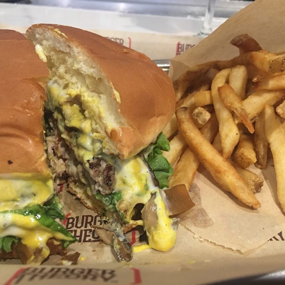 The Burger Place - Burger with mushrooms and roasted red peppers. Not very seasoned. - Burgers Near Me - Atlanta, Georgia