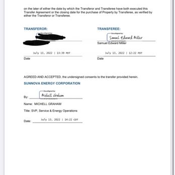 Sunnova - Second transfer agreement signed by all parties. - Solar Installation Near Me - Houston, Texas