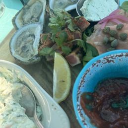 Oysters, blackened tuna and crab dip.