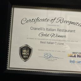Cranelli's GOLD winner of Best of Mile High 2026 for best Italian Cuisine
