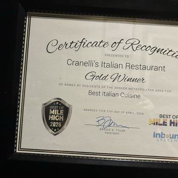 Cranelli's Italian Restaurant - Cranelli's GOLD winner of Best of Mile High 2026 for best Italian Cuisine - Italian Near Me - Lone Tree, Colorado