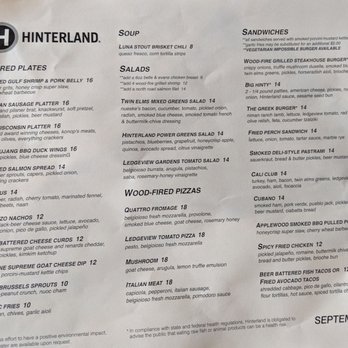 Hinterland Brewery - Lunch Menu - New American Near Me - Green Bay, Wisconsin