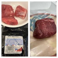 Heights Meat Market - Filet in pieces on left, filet given to replace the pieces on the right. It was absolutely delicious.
