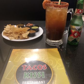 Tacos Kissi - Great michelada!  5 salsa and chips.  All were delicious.  One is sneaky hot! - Sushi Bars Near Me - McAllen, Texas