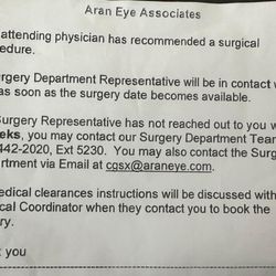 Aran Eye Associates - This is the paper they give you with the fake email and extension that never answers or calls back.