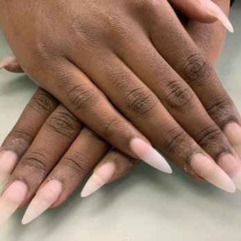 Le Nails - A before polishing shot of a regular fill-in acrylic set with stiletto nails. - Nail Salons Near Me - Fuquay-Varina, North Carolina