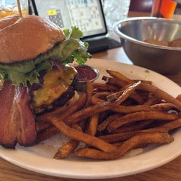Their burger, I don't know the name of it on the menu.  It is a monster and amazing good!