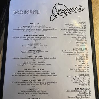 Jerome's - A bar menu displays a selection of cocktails, drafts, bottled and canned beers, and non-alcoholic beverages, with descriptions and prices. - Sports Bars Near Me - Portland, Maine