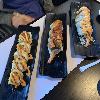 Sushi Up - (Left to right) California crunch, dragon roll, Sakura roll - Sushi Bars Near Me - Orem, Utah