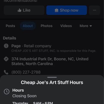Cheap Joe's Art Stuff - This is a screenshot I took for this location ten minutes after leaving the store. It shows both the location and the hours. - Art Supplies Near Me - Boone, North Carolina