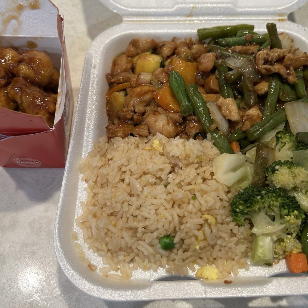Panda Express - Bigger plate.  Super greens, rice, kung pao chicken, chicken and green beans and orange chicken - Chinese Near Me - Tucker, Georgia
