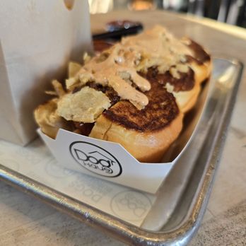 Dog Haus - "Chili The Kid" -- White American cheese, Haus Chili, Crispy onions and topped with Chipotle aioli. - Burgers Near Me - Thousand Oaks, California