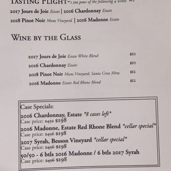 Sarah's Vineyard - Tasting menu 7/14/2021 - Wine Tasting Room Near Me - Gilroy, California