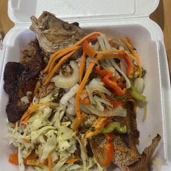 Stop N Nyamm - Whole snapper, rice and beans with plantains. - Caribbean Near Me - Shirley, New York Stop N Nyamm - Whole snapper, rice and beans with plantains. - Caribbean Near Me - Shirley, New York