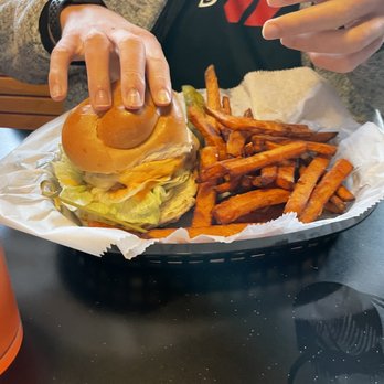 Barber's Grill - Boom Boom Chicken (crispy) with sweet potato fries. They were very crispy as well! - Bars Near Me - Brockport, New York Barber's Grill - Boom Boom Chicken (crispy) with sweet potato fries. They were very crispy as well! - Bars Near Me - Brockport, New York