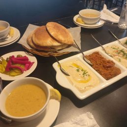 Lentil soup and combination dip platter