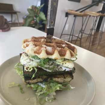 Mea Culpa Cafe - Waffle sandwich (zucchini, egg, lettuce, sun dried tomatoes) - Cafes Near Me - Norfolk, Virginia