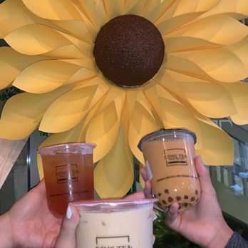 Ding Tea Costa Mesa - (left to right) Strawberry Green Tea, Brown Sugar Milk Tea, Thai Milk Tea - Bubble Tea Near Me - Costa Mesa, California