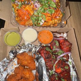 Curry Waffle Fries,  5pc Tandoori Chicken Wings, 5 pc Hot Chicken Wings