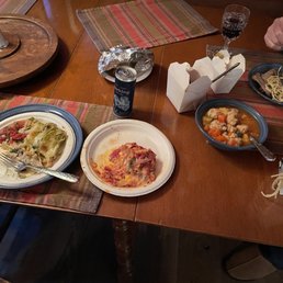 Enchiladas, lasagna, albondigas soup, Asian pasta salad. Enchiladas, lasagna, albondigas soup, Asian pasta salad.