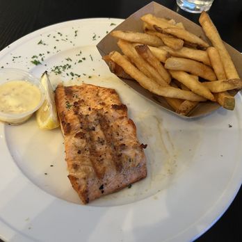 Marblehead Chowder House - Fresh salmon grilled with garlic butter and french fries - Seafood Near Me - Westampton, New Jersey