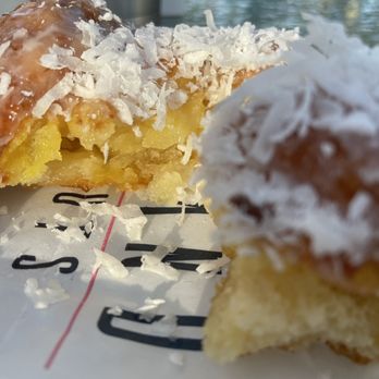 Island Donuts & Bagels - Inside the pineapple fritter with coconut - Donuts Near Me - St. Augustine, Florida