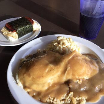 Aloha Grill - Loco moco with brown rice, mmmmm! Spam musubi, MMmmmmm! - Hawaiian Near Me - Renton, Washington